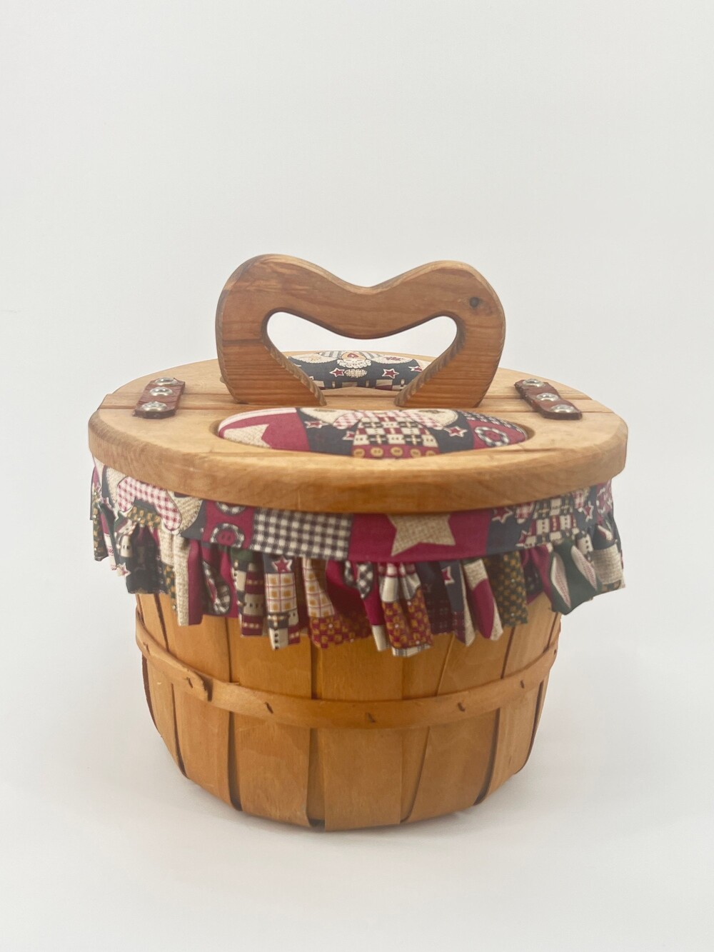 Wooden Sewing Basket Fabric Covered Patchwork Lid with Wooden Handle